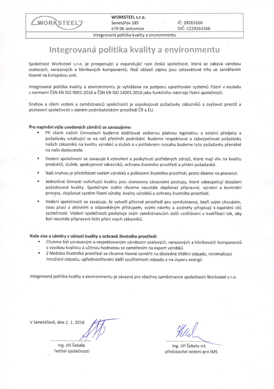 Integrovaná polika společnosti Worksteel s.r.o.